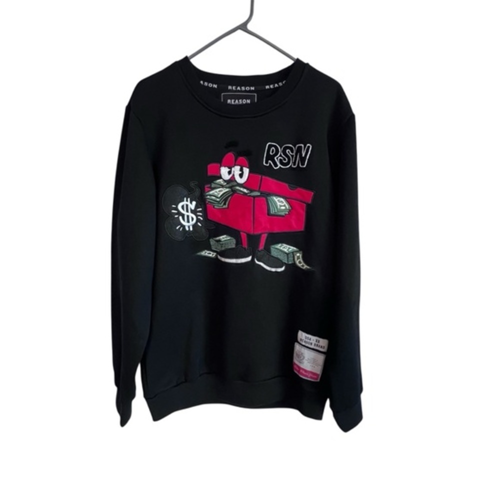 Reason Sweatshirt Men’s Lg Crewneck Black/Red Stash Box Embroidered Patch NWT - Picture 1 of 10